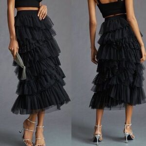 by anthropologie ruffled tulle midi skirt in black